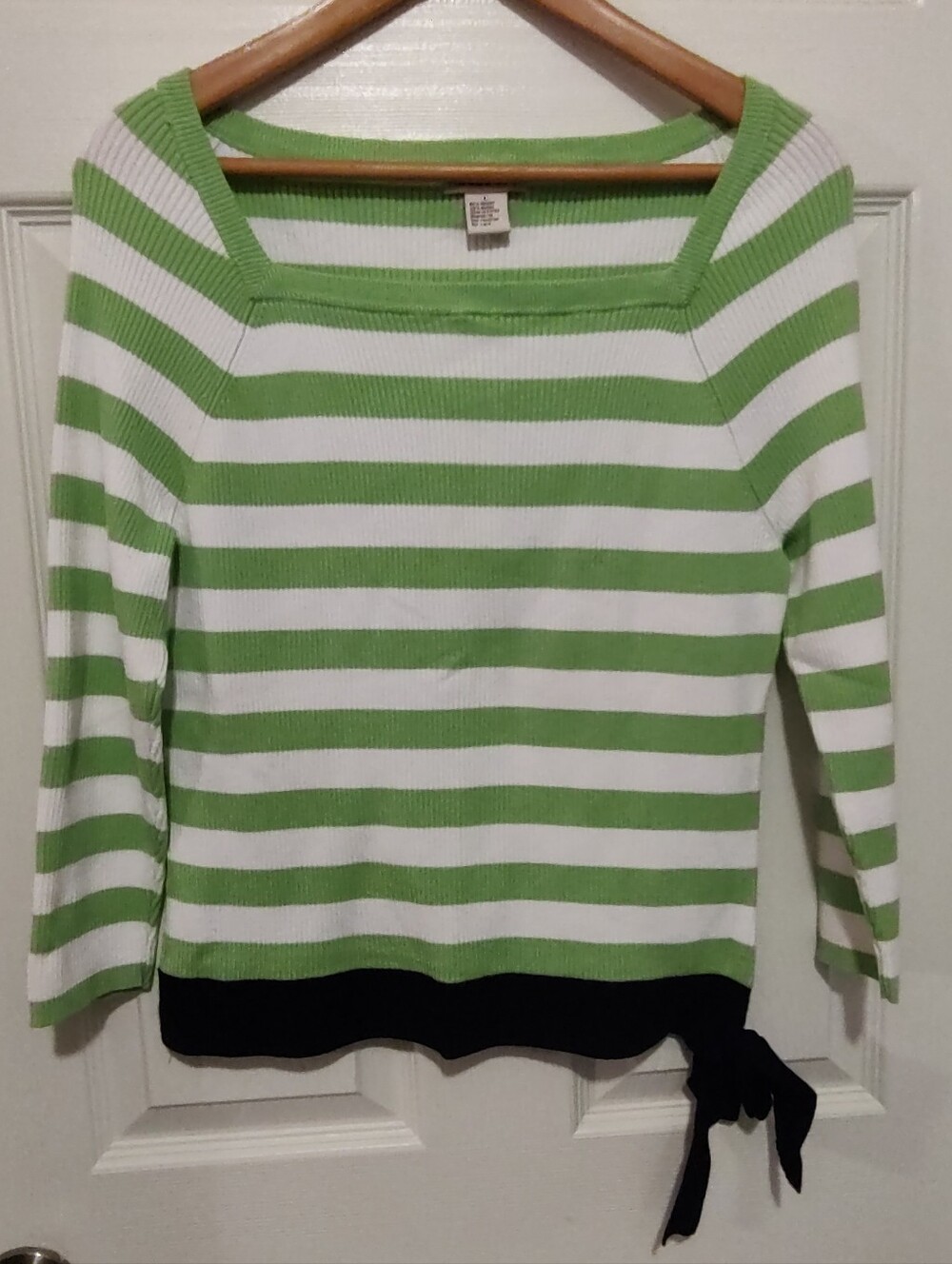 Green and White Striped Tie-Hem Women's Sweater